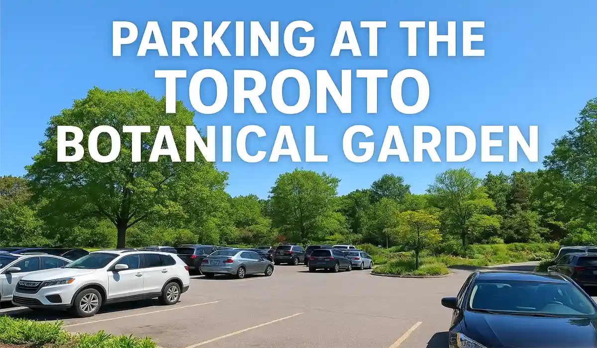 A modern, automated parking payment machine with a screen displaying payment options, set against a backdrop of lush green foliage at the Toronto Botanical Garden.